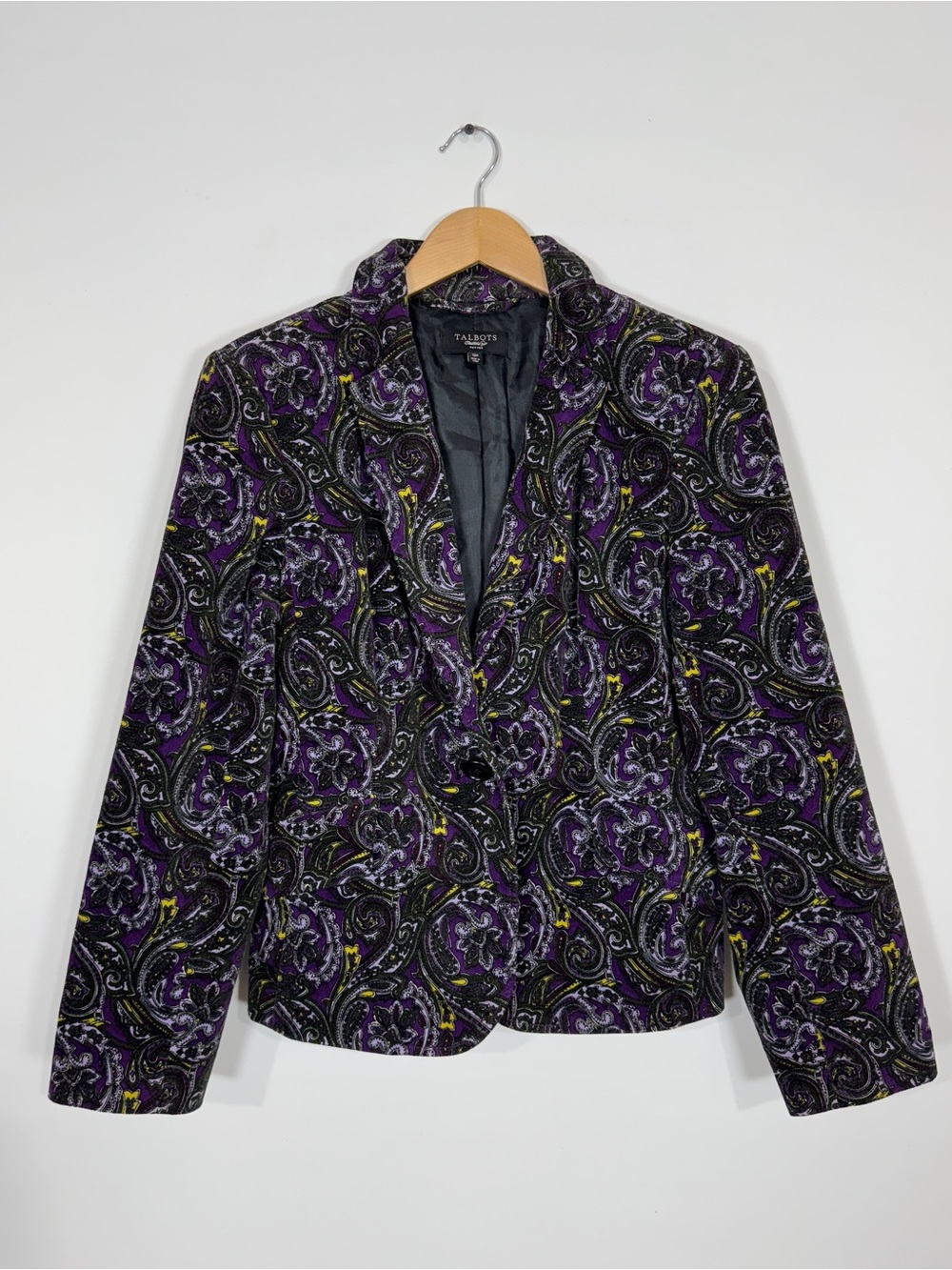 WJT29 {Talbots} Petite Black Purple Velvet Floral Paisley Suit Coat Blazer
